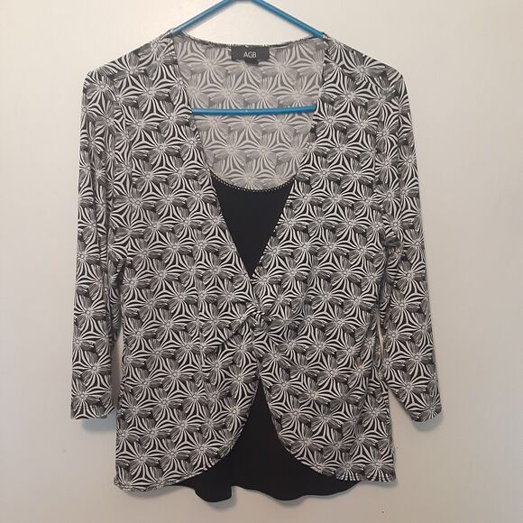 Vintage 90s Y2K Black White Floral Top Sz L Boho Grunge Made USA - Picture 1 of 8